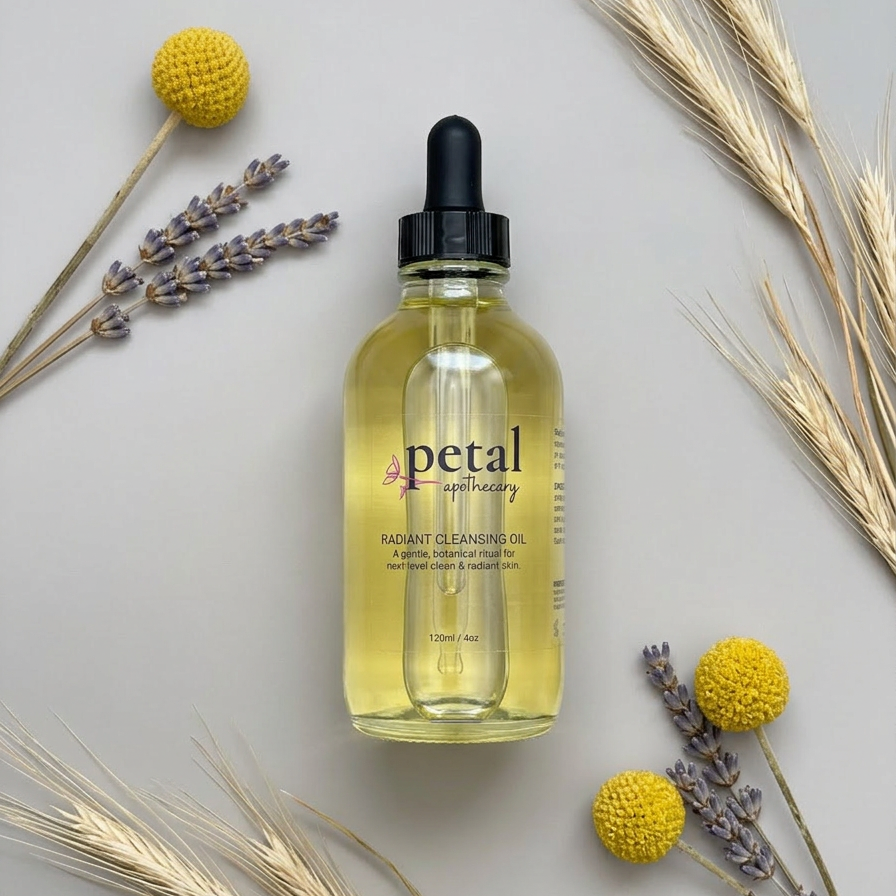 Bottle of Petal Apothecary cleansing oil with dried flowers and herbs on a light background